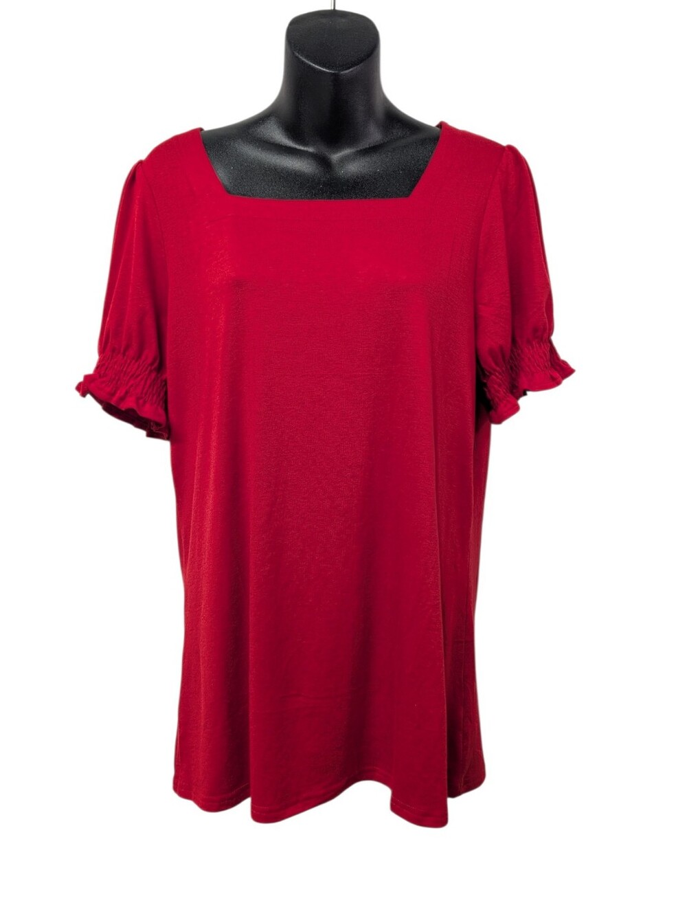 WIHOLL Womens Red Square Neck Ruffle Puff Short Sleeve Stretch Blouse Sz M NWT
